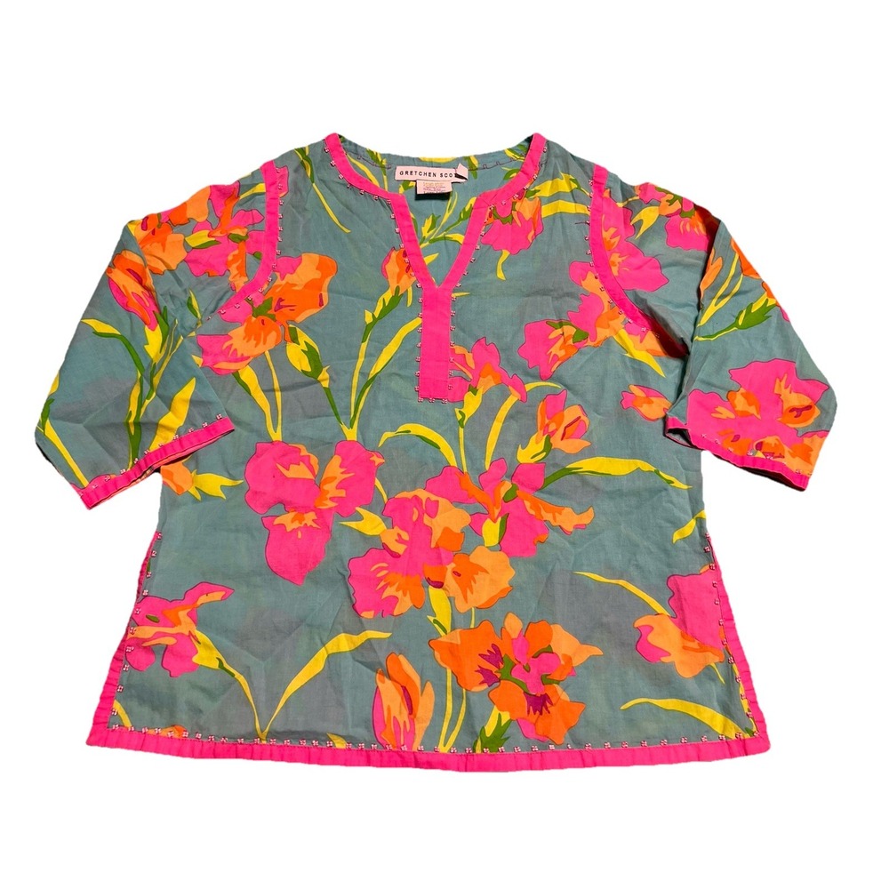 Gretchen Scott Blue Pink Vibrant Beaded Floral Tunic Top Size M Resort Coastal
